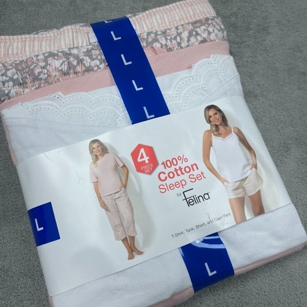 Felina 4 Piece Cotton Sleep Set  T-Shirt Tank Capri Shorts a1592